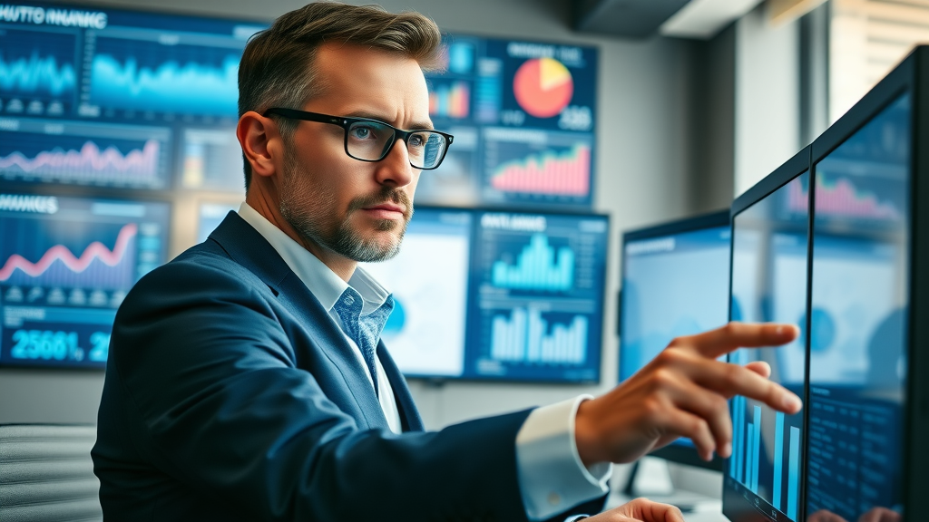 online brand image professional analyzing branding data and statistics dashboards in digital office