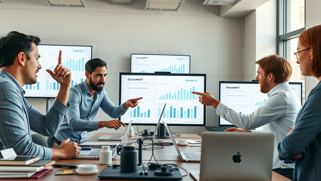social media video marketing analytics and frustrated marketing team with low engagement charts