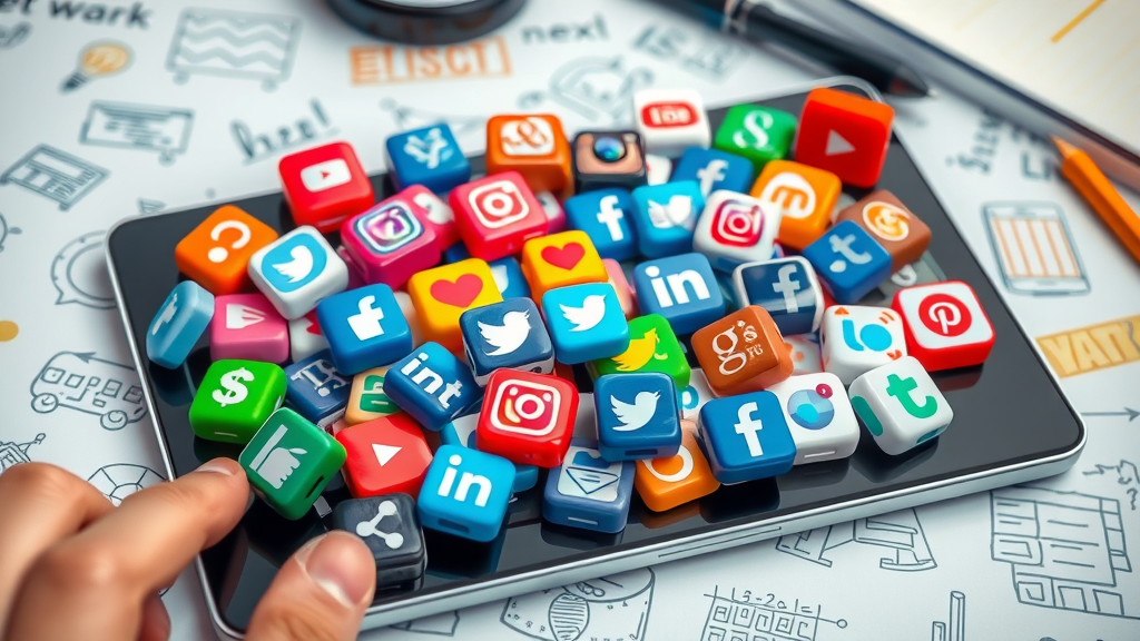 social media advertising ideas colorful collage of major app icons, digital tablet display, workspace marketing sketches