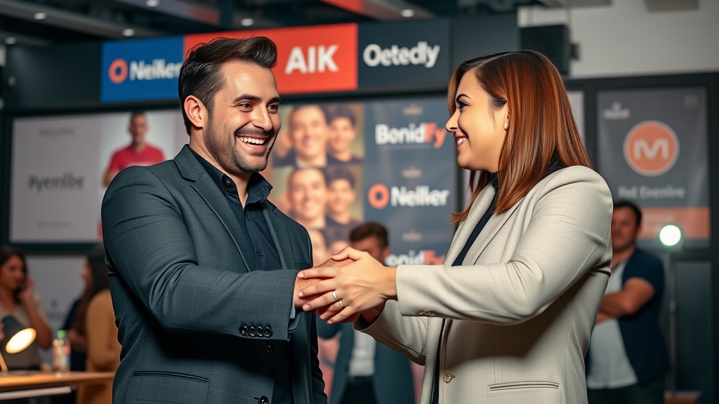 Charismatic influencer and business partner celebrating campaign success, shaking hands, stylish brand event, dynamic lighting, media flash