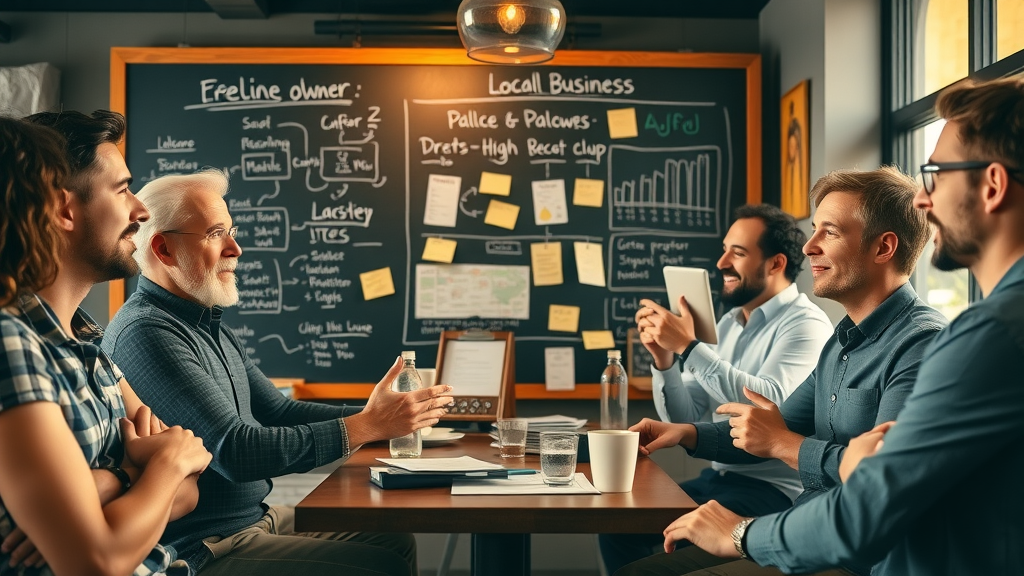 Group of local business owners brainstorming lead generation strategies for local growth