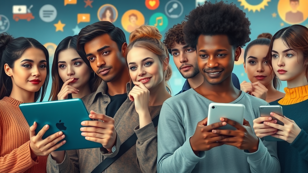 Diverse target audience personas engaging with social platforms - social media marketing strategies, digital platforms, interests icons