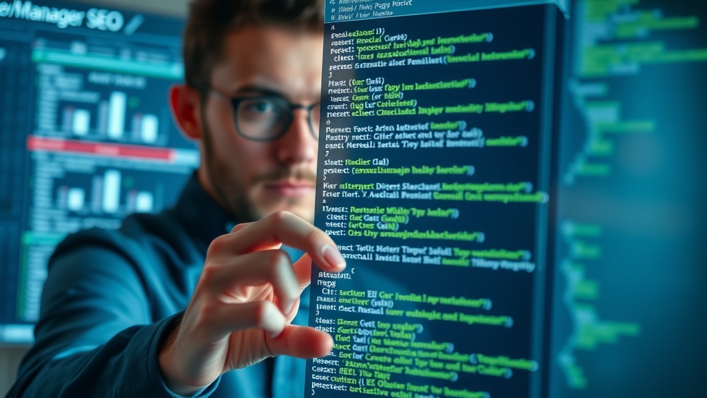 seo techniques modern website interface, SEO manager optimizing page structure, digital workspace with HTML tags highlighted