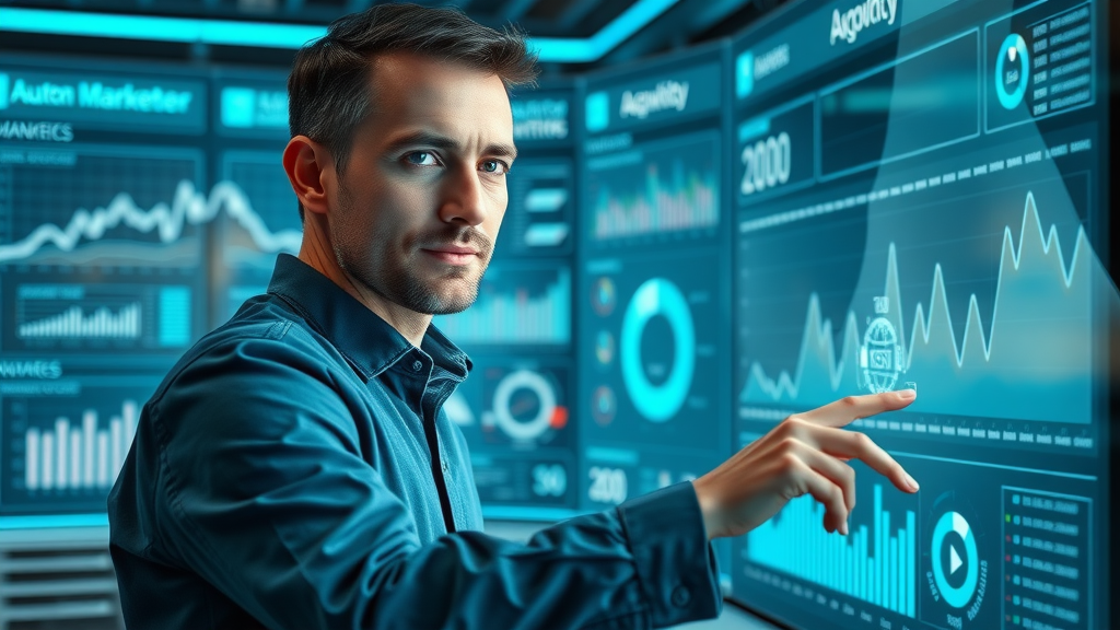 social media advertising ideas marketer using automation dashboard with AI analytics, holographic graphs and notifications
