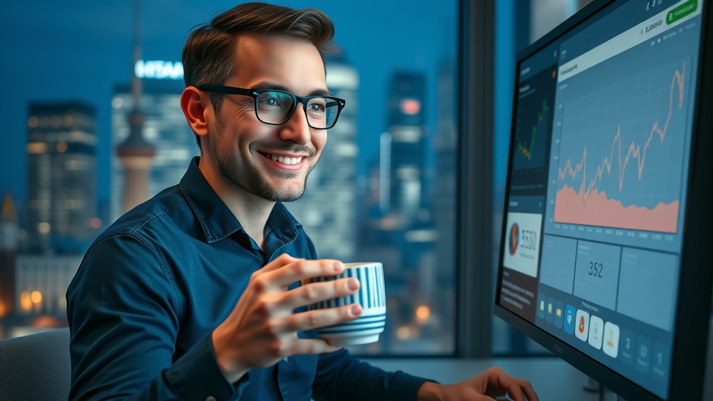 marketing analyst measuring success of social media video marketing with positive conversion rate graphs at night