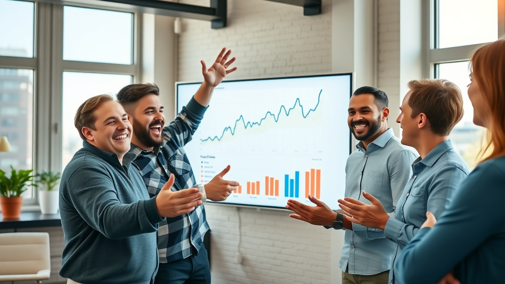 startup team celebrating organic traffic growth from authority site backlinks