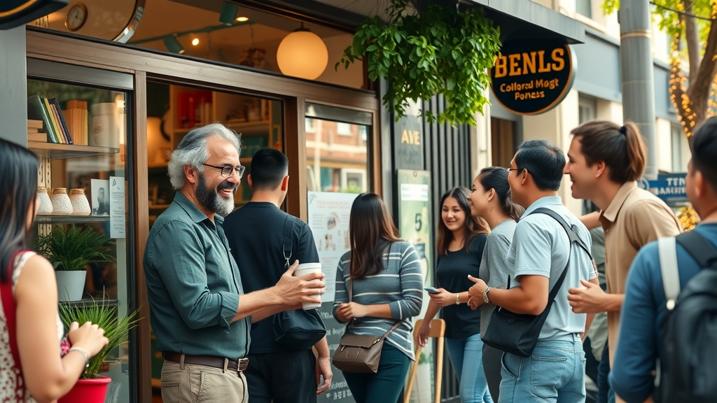 vibrant busy storefront of a local small business, cheerful owner greeting diverse customers, engaging with passersby, urban main street, local seo