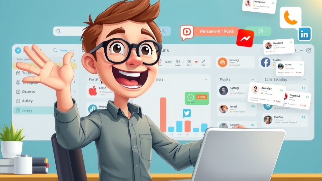 content marketing for authority: content manager scheduling posts across social media and third-party platforms in vibrant setting