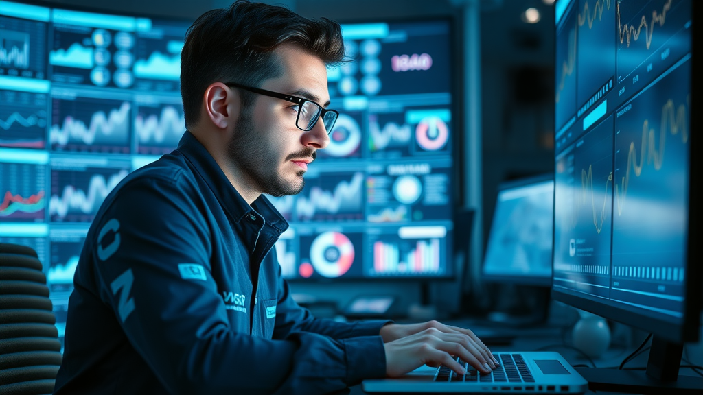digital marketer researching data trends in a high tech workspace