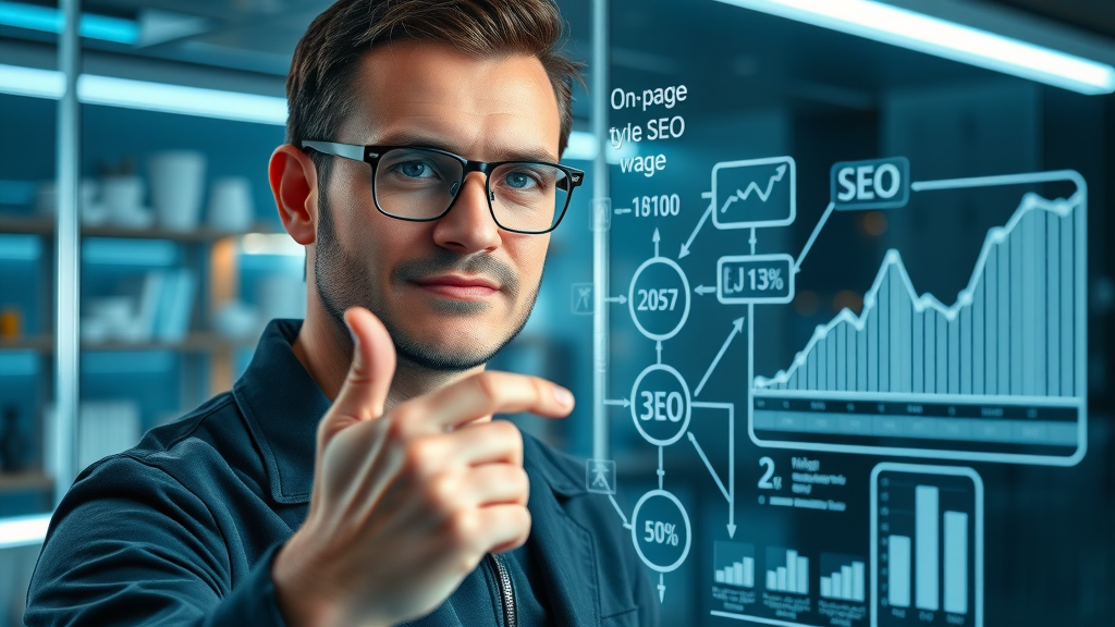 digital marketer mapping on-page SEO elements with data graphs; futuristic workspace; page optimization explained