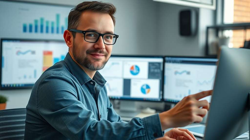 marketer integrating analytics tools, workflow diagrams, social media analytics, media analytics tools in a modern workspace