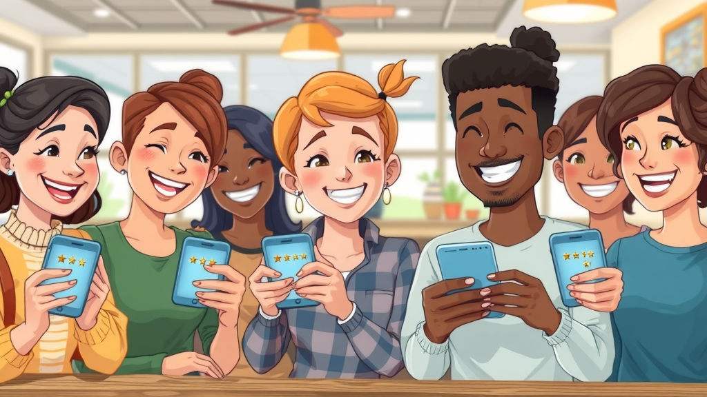 happy customers leaving positive reviews using smartphones to support online reputation repair techniques and positive review strategies for business