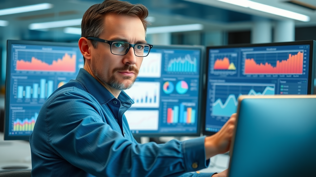 analyst measuring campaign results on double monitor setup, social media lead generation metrics