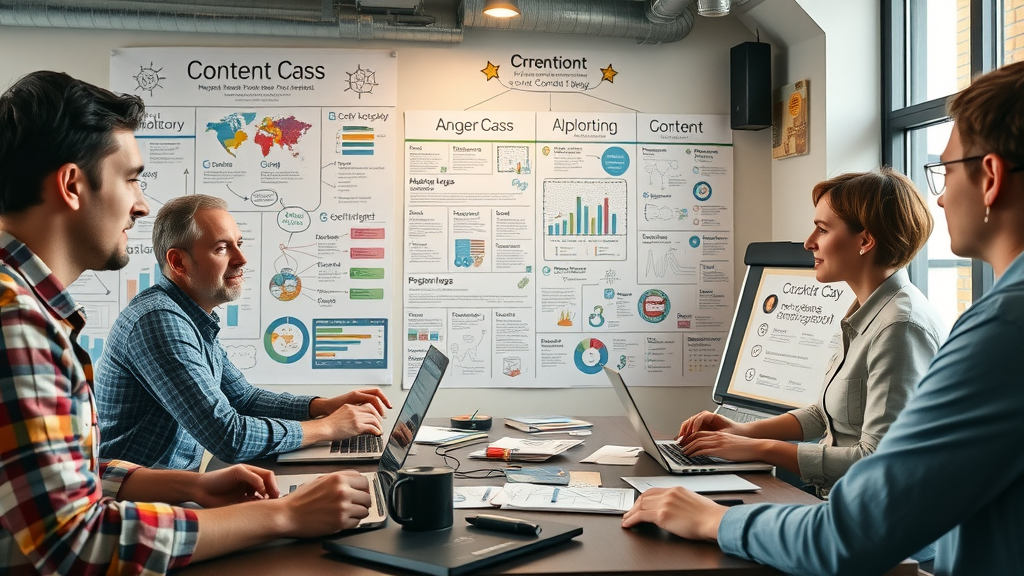 group brainstorming local content strategies, infographic boards, local seo, local link building