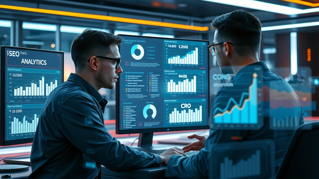 SEO and conversion rate optimization combined overlay on analytics dashboard