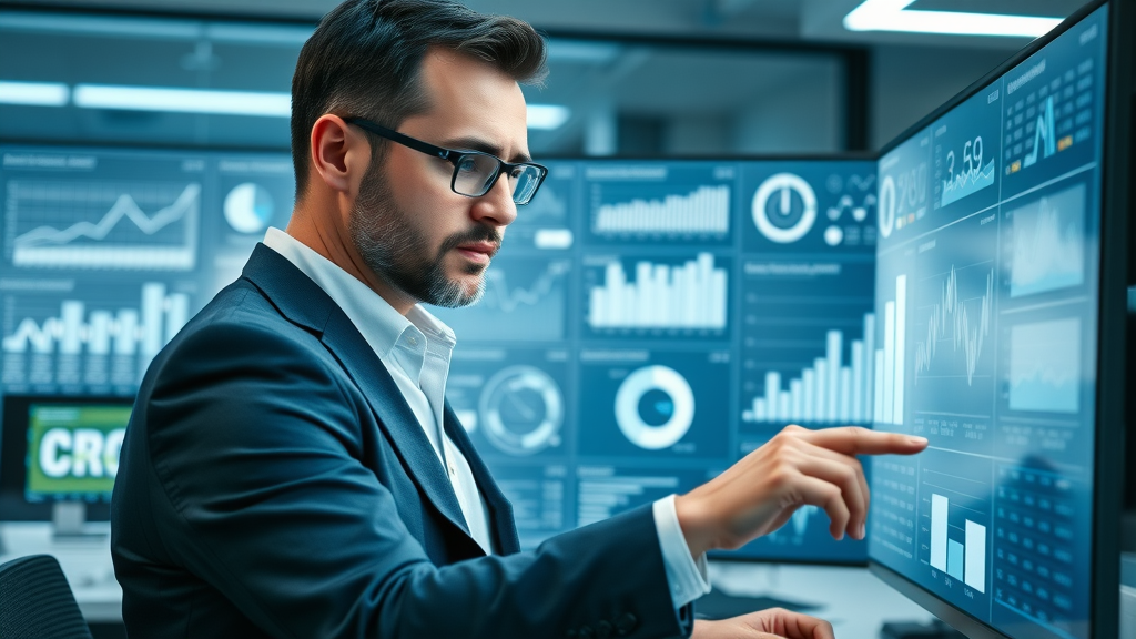Business manager reviewing CRM dashboard analytics, high-resolution screen, advanced office, animated graphs and smart gadgets, blue-gray palette