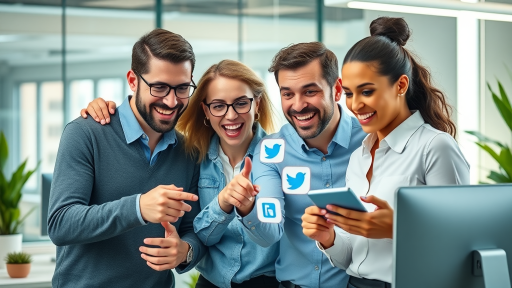 Small business team collaborating on social media strategy in a modern office.