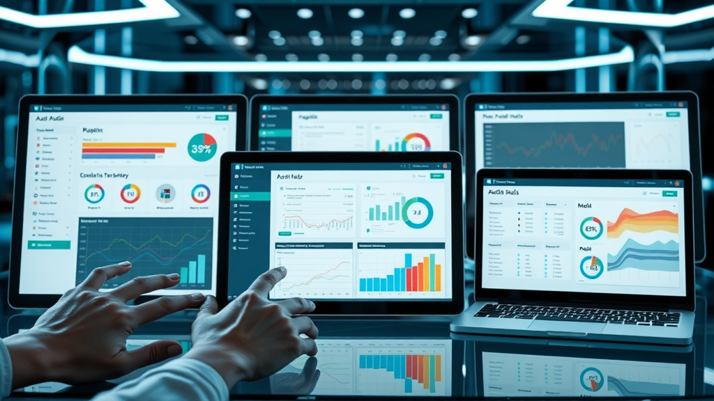 Device comparison grid showing SEO audit tool dashboards and platform UI layouts