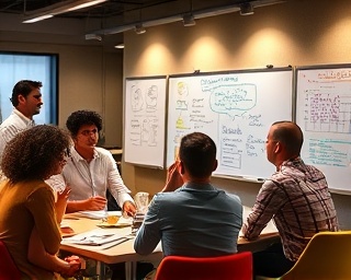 trending marketing solutions, innovative expression, brainstorming creative ideas, photorealistic, collaborative workspace with team members and creative boards, highly detailed, animated discussions and digital whiteboards, fine grain detail, warm colors, spotlight lighting, shot with a 24mm wide-angle lens.