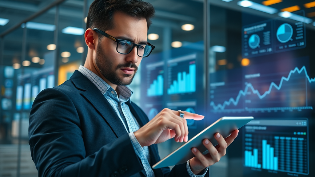 digital marketer analyzing marketing analytics on tablet in glass office