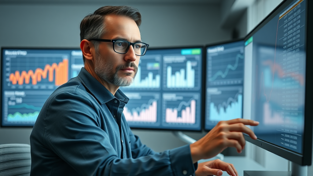 content marketing for authority: industry analyst reviewing campaign results with analytics on large screen