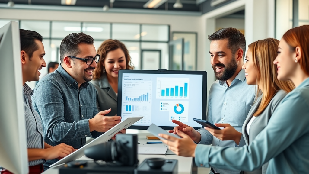 social media advertising ideas vibrant business team collaborating on campaign strategy, digital screens and creative tools, charts and devices, modern office