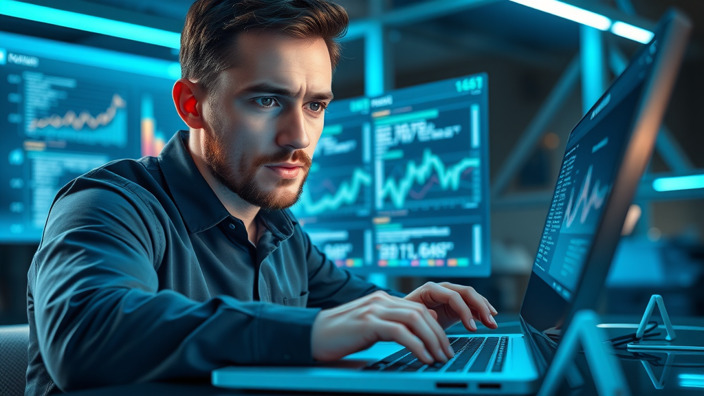 professional SEO specialist optimizing positive brand content, code and analytics, search engine results, blue neon digital workspace