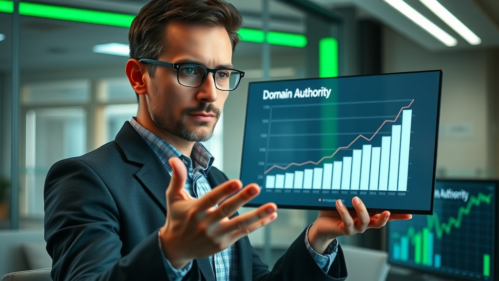 results-driven SEO analyst presenting domain authority growth in off-page SEO strategy