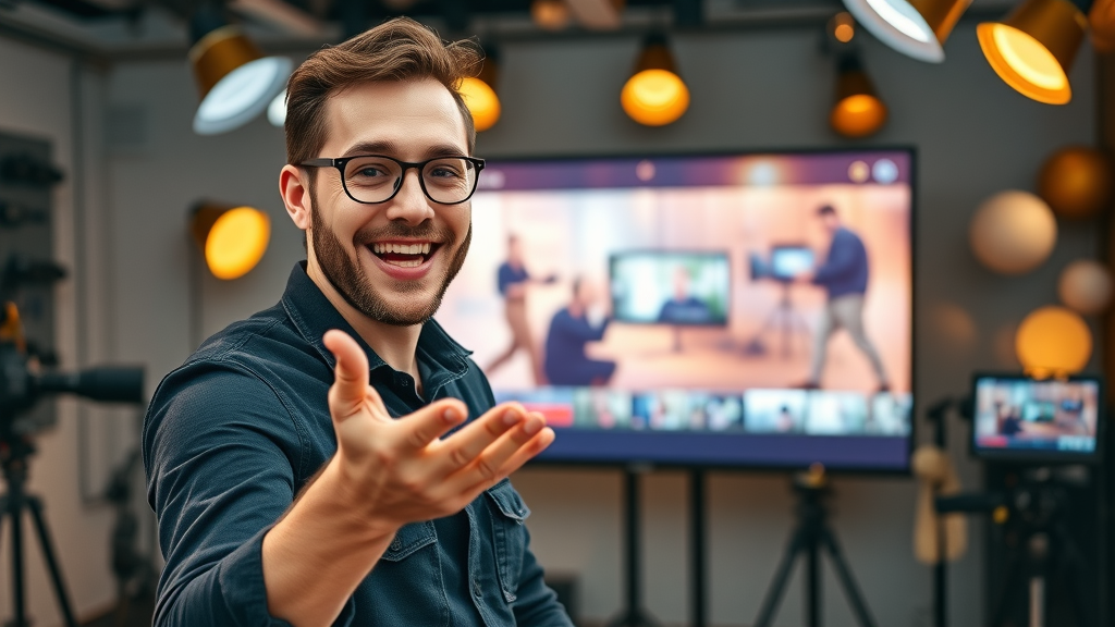 content creator gesturing toward engaging video content thumbnail in creative studio
