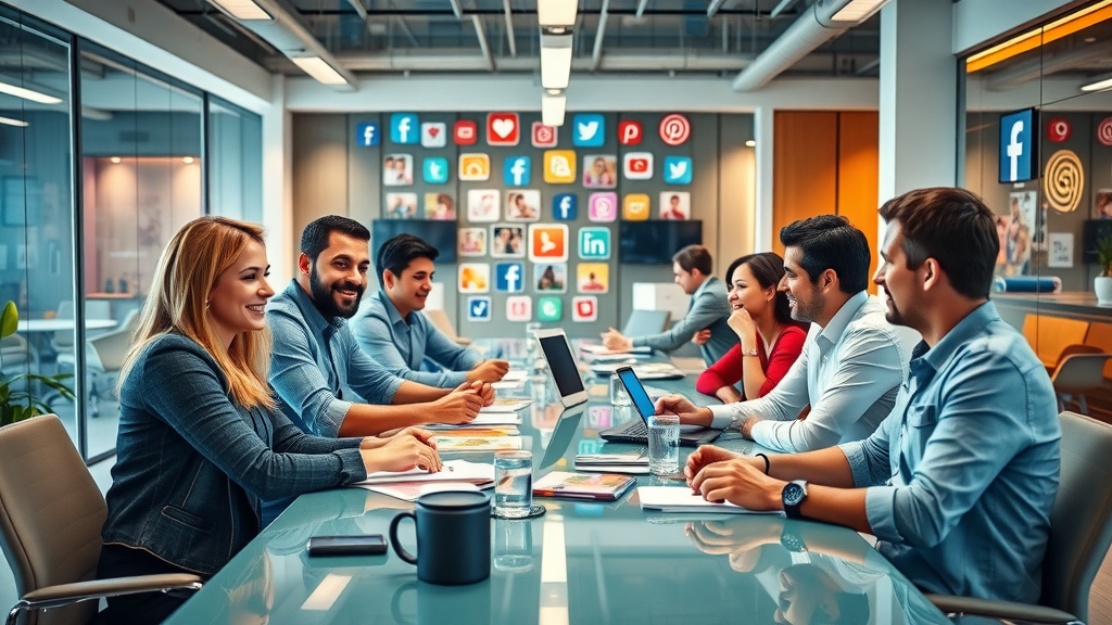 Social media marketing team collaborating on campaign content, energetic discussion, modern office, digital elements, social media symbols, brainstorming session, vivid colors