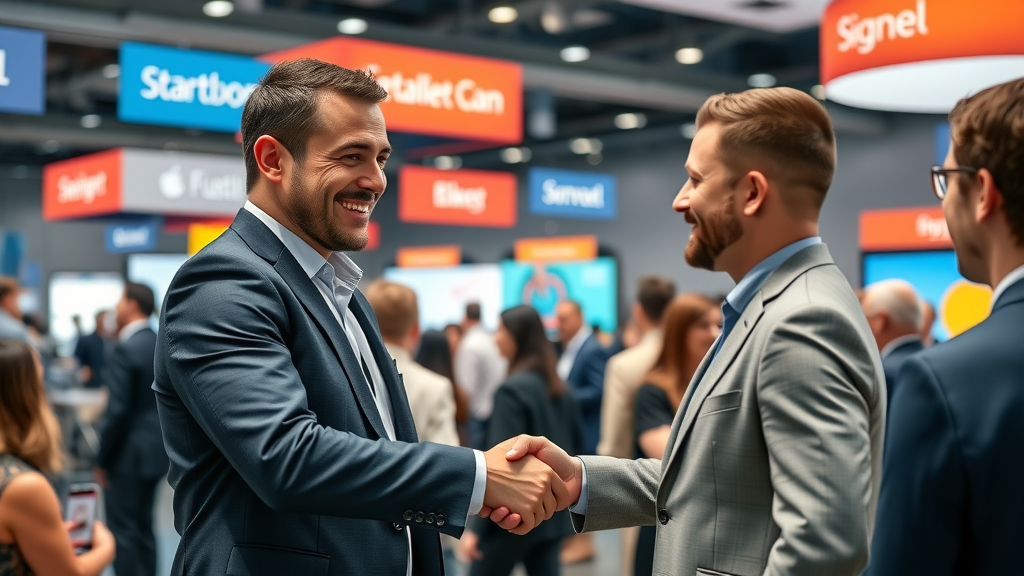 charismatic influencer and affiliates shaking hands, influencer marketing for digital growth, contemporary event with branded banners