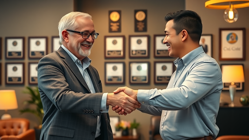 Satisfied long-term customer shaking hands with business owner, partnership, customer appreciation, awards in background, warm tones