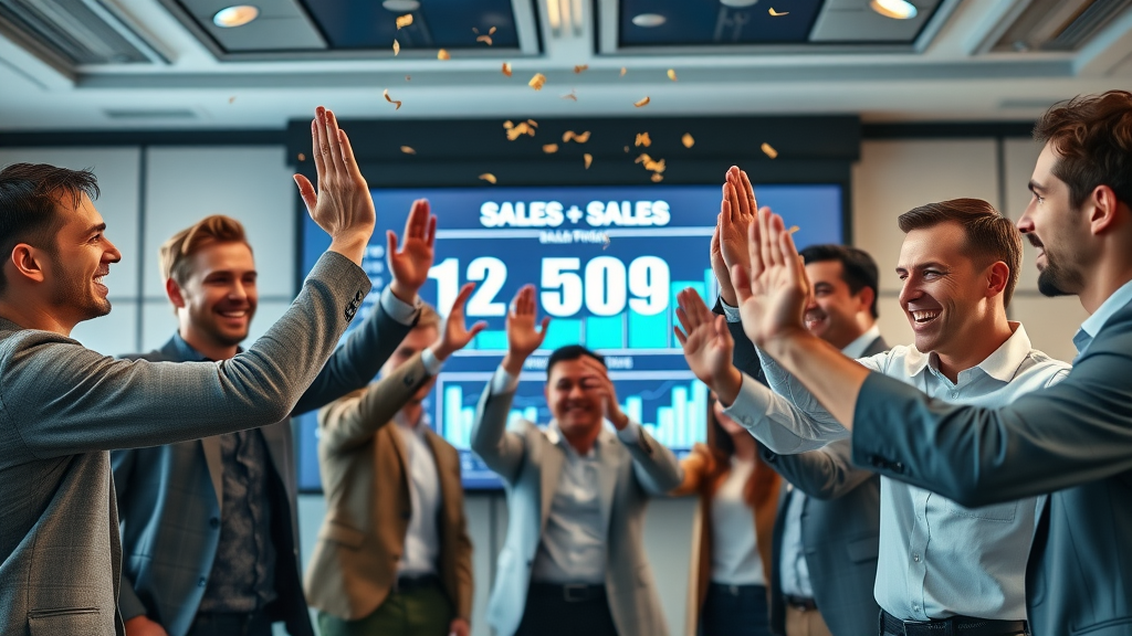 corporate team celebrates increased sales statistics displayed on a large screen – responsive web design