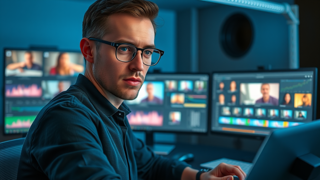 professional video editor optimizing engaging video content with timeline and colorful clips in a modern post-production studio