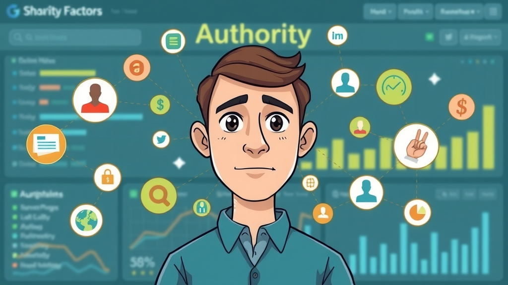 digital infographic showing how to build online authority and reputation using web elements, search and trust icons, and interconnected factors