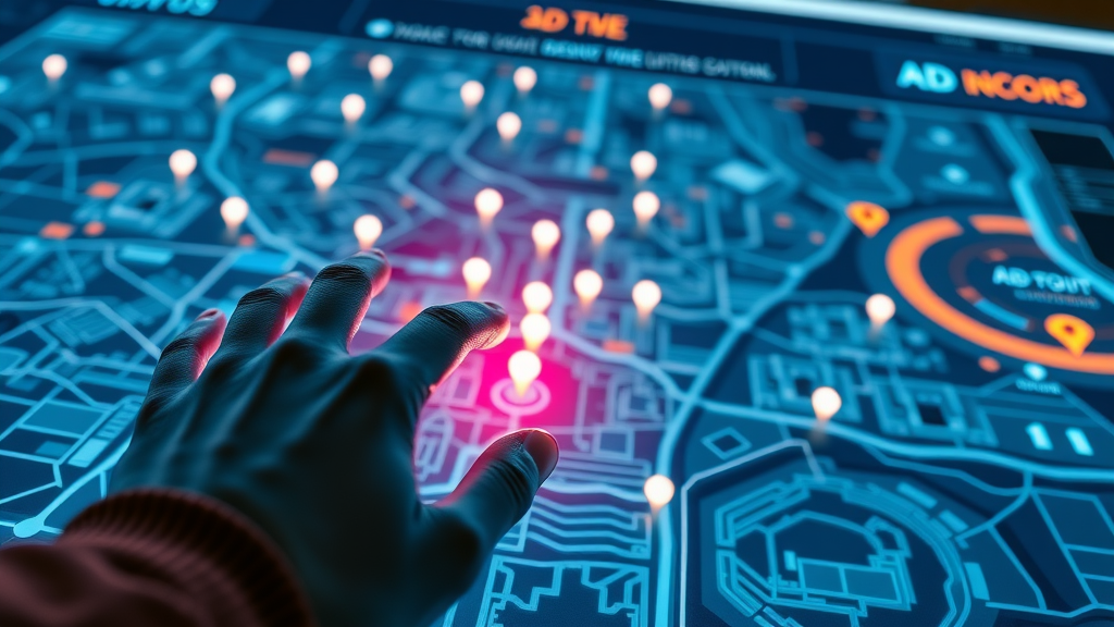 animated local city map interface highlighting areas reached by video ad campaign