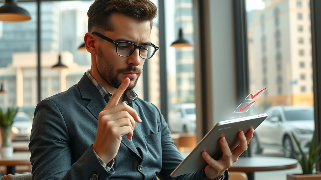 Focused entrepreneur checking off digital checklist, local business social media tactics, reviewing social media strategy in a modern cafe