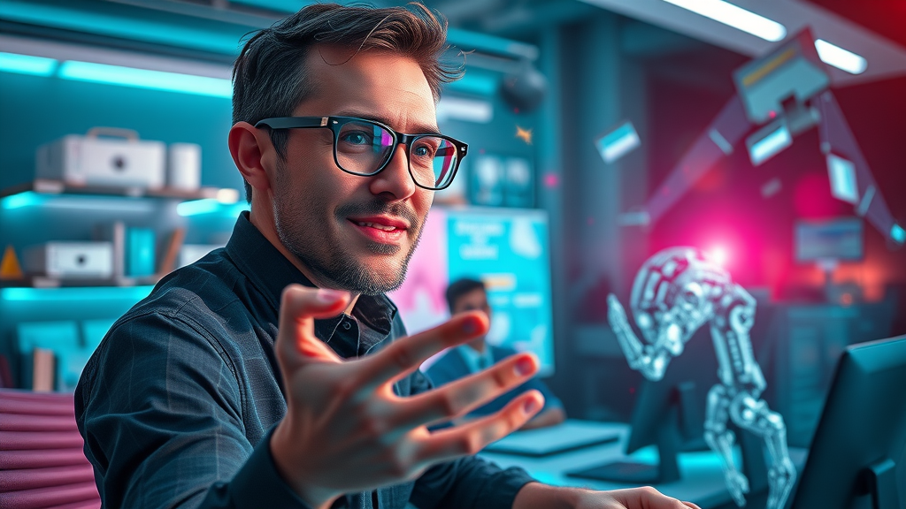 Visionary marketer develops AI-driven video content in a futuristic workspace - video content, content marketing
