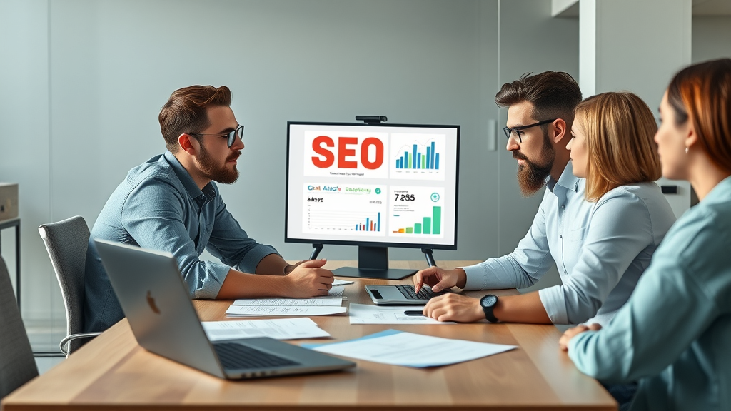 dynamic digital marketing team discussing off-page SEO strategies at a modern office table