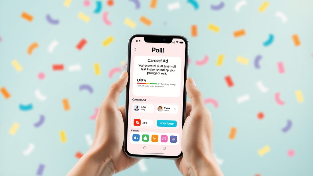 social media advertising ideas engaging smartphone displaying interactive poll and carousel ad, colorful abstract engagement icons