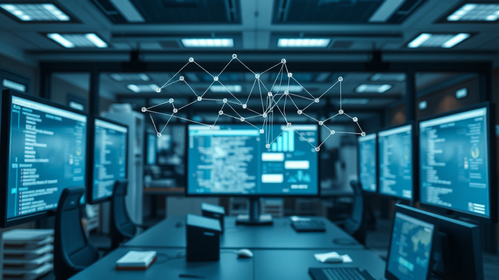 Photorealistic high-fidelity digital interface illustrating organized search algorithm rules, showing floating algorithmic lines, graphs, and digital screens relevant to search engine algorithms in a modern workspace.