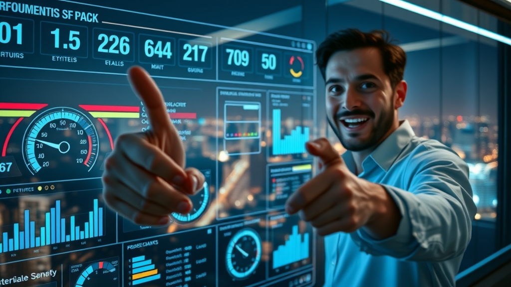 Digital dashboard displaying website optimization tools with speed gauges and performance metrics