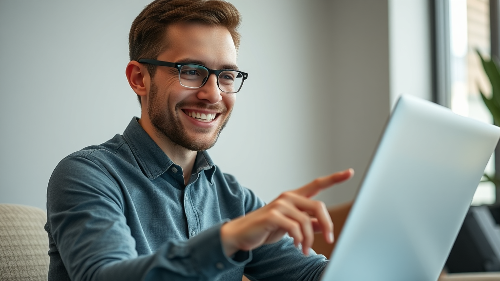Photorealistic image of a satisfied internet user engaging with a high-quality, user-friendly website interface, representing top-tier user experience and content quality for search engine rankings.