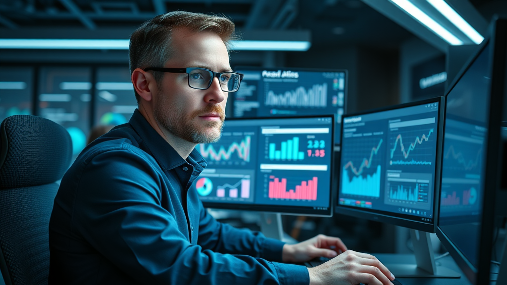 Data analyst optimizing sales funnel with A/B testing dashboards, dark modern tech office