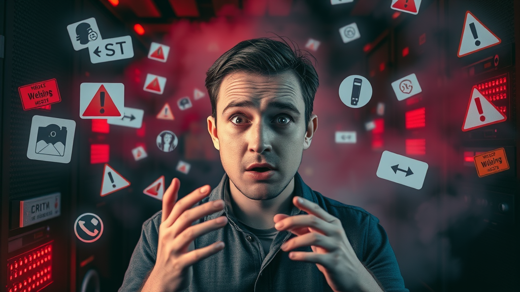 Confused website owner surrounded by icons representing common website optimization mistakes