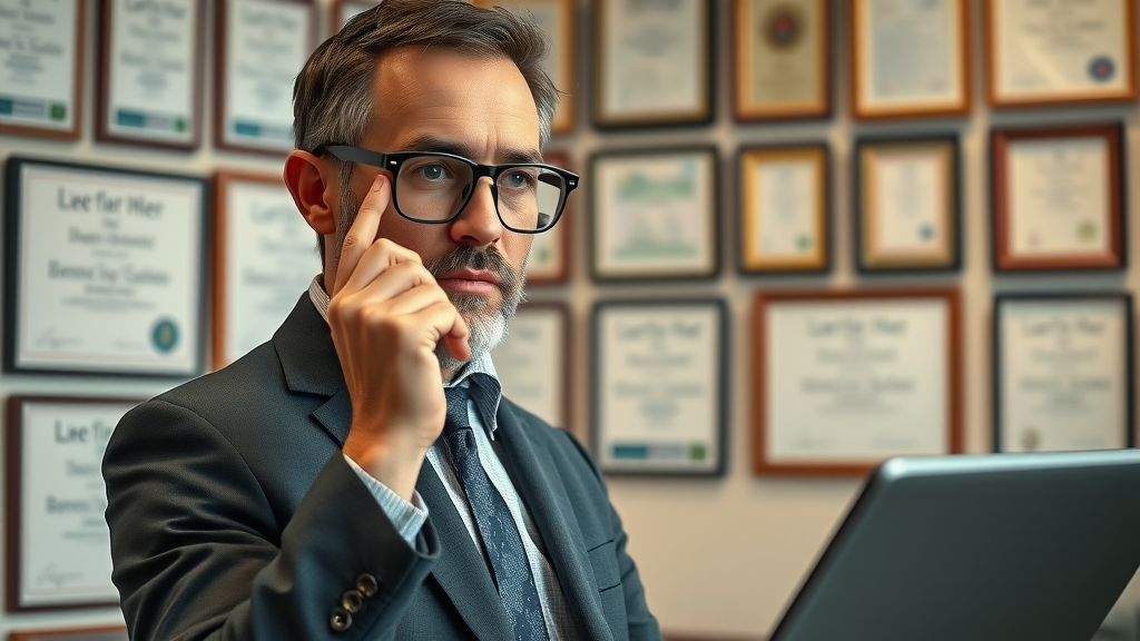 Professional expert reviewing framed certificates—essential for becoming a featured expert on a media news site.