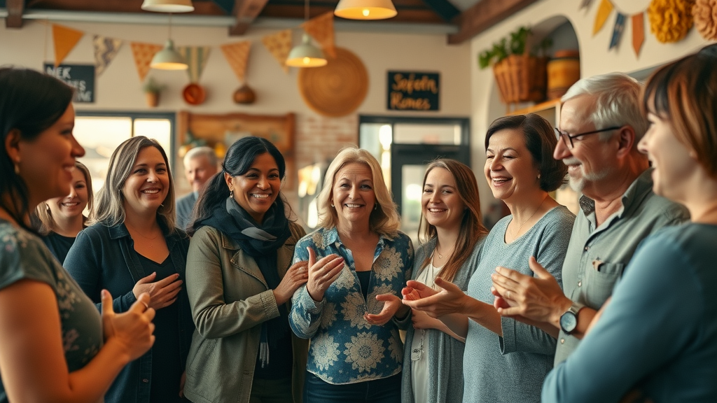 Community event at a small business—groups collaborating, workshops and energetic engagement fostering customer relations and local brand awareness.