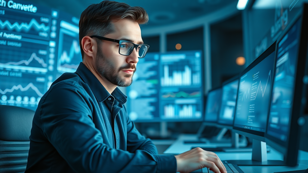 Professional marketer examining search engine results on a high-tech screen, focused, modern office, holographic charts, data analytics streams, blue-toned lighting