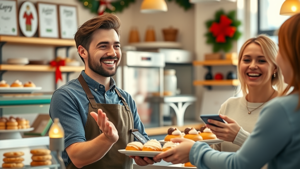 happy bakery owner serving customers, digital marketing for small businesses success