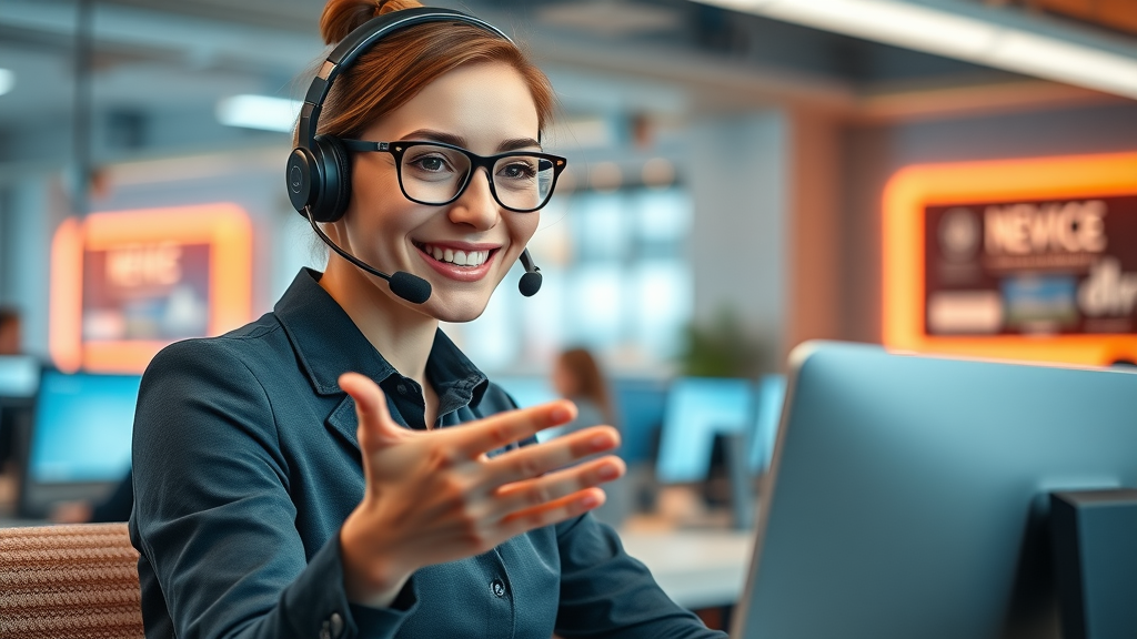 Customer support agent assisting happy client, outstanding customer service, modern call center, digital icons, cheerful color scheme